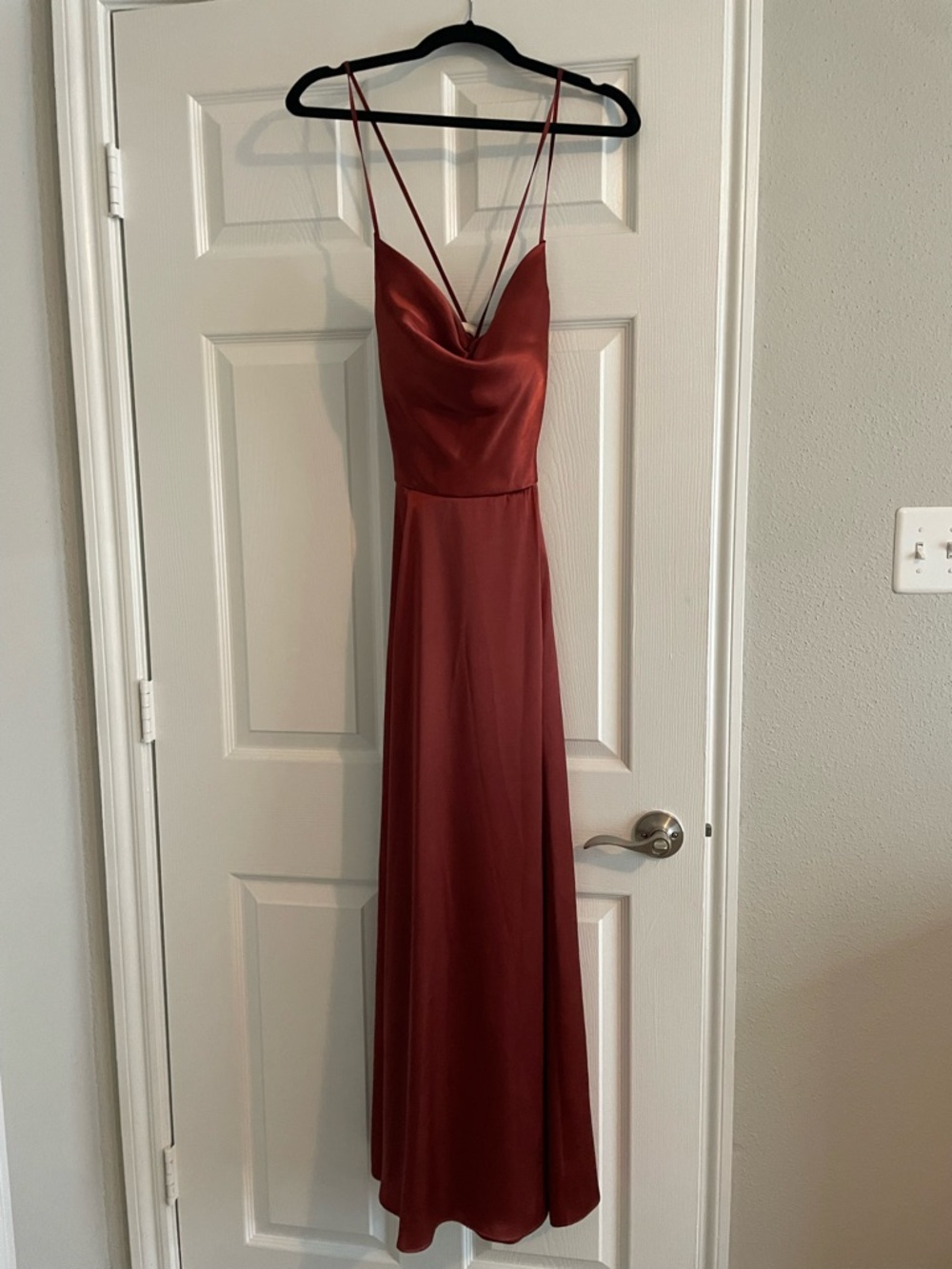 David's Bridal Satin Cowl Neck Maxi Dress in Cinnamon